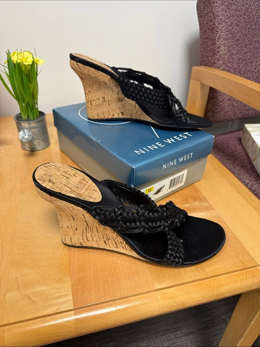 Nine West Black Braided Cork Wedge Sandals